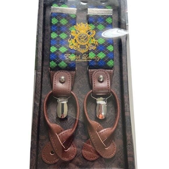 English Laundry Suspenders Plaid Blue Green Royal Tartan Adjustable New In Box - Picture 6 of 6